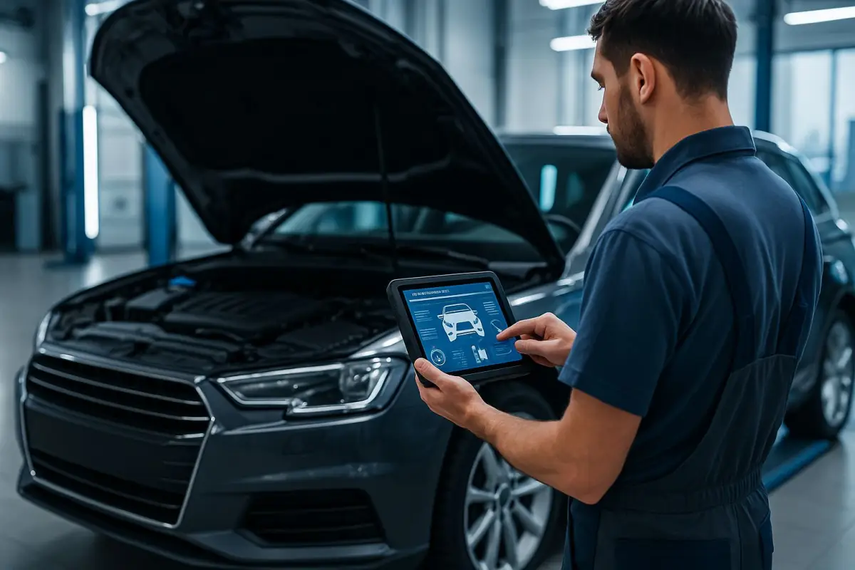 Mechaniker bei der Fehlerdiagnose mit Tablet an einem Fahrzeug