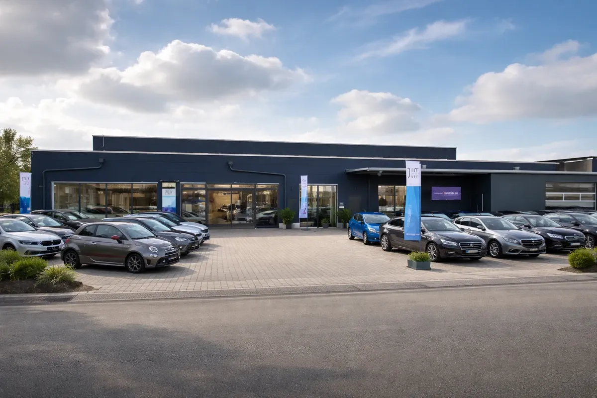Autohaus MUC Motors in der Benzstraße 5 in Landshut mit Showroom und Gebrauchtwagen auf dem Außengelände