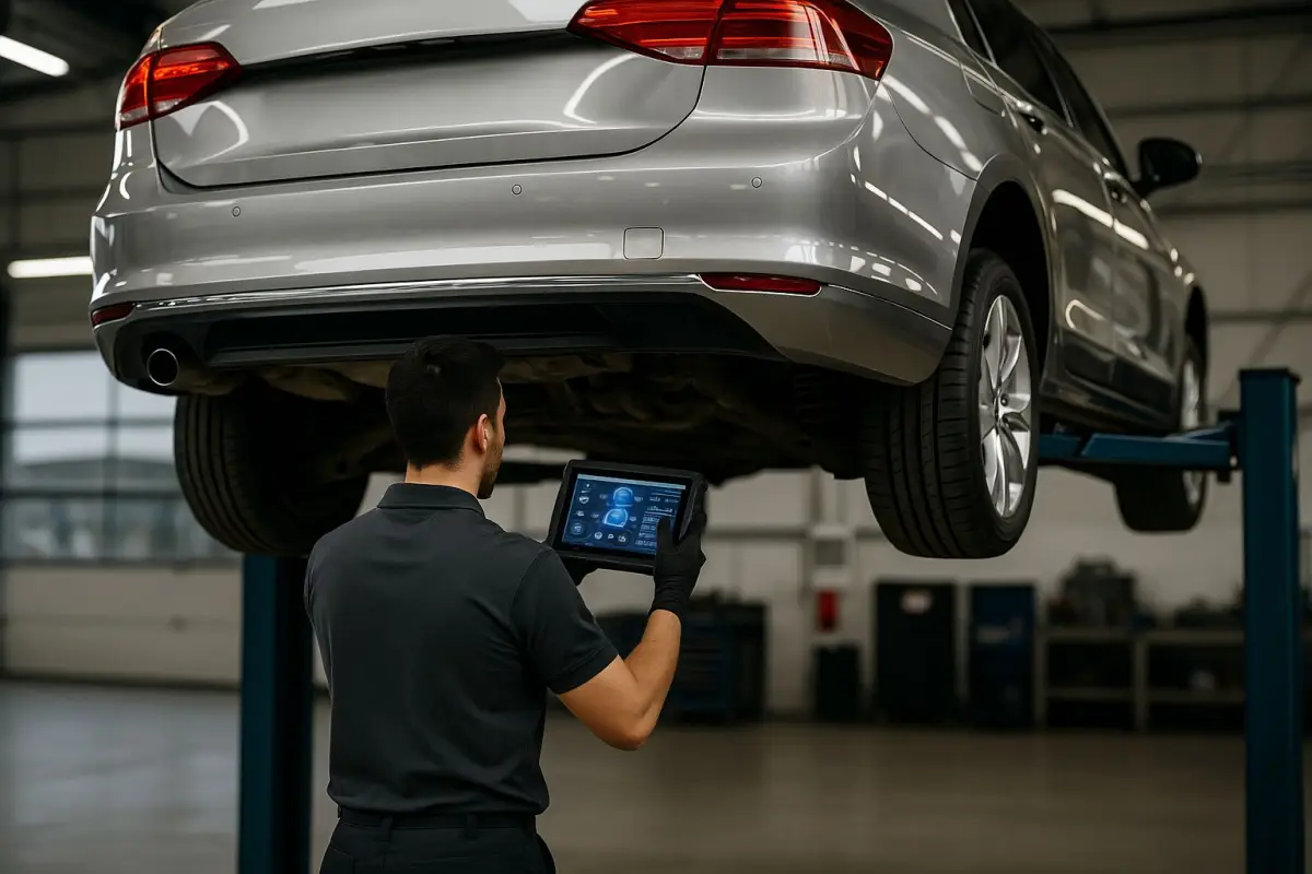 Mechaniker liest bei einer Inspektion Fahrzeugdaten am Tablet aus